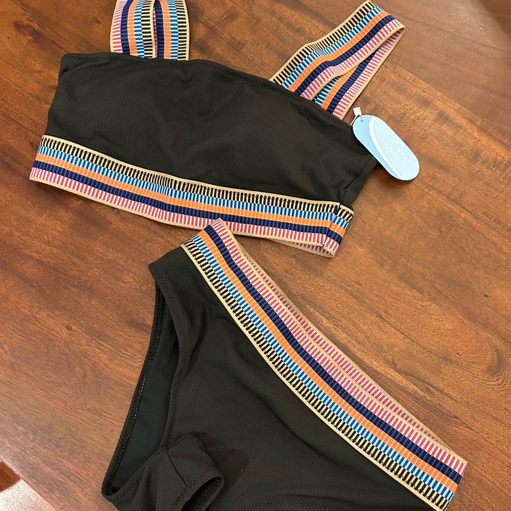Women’s Black Ribbed Bikini Set with Colorful Stripes